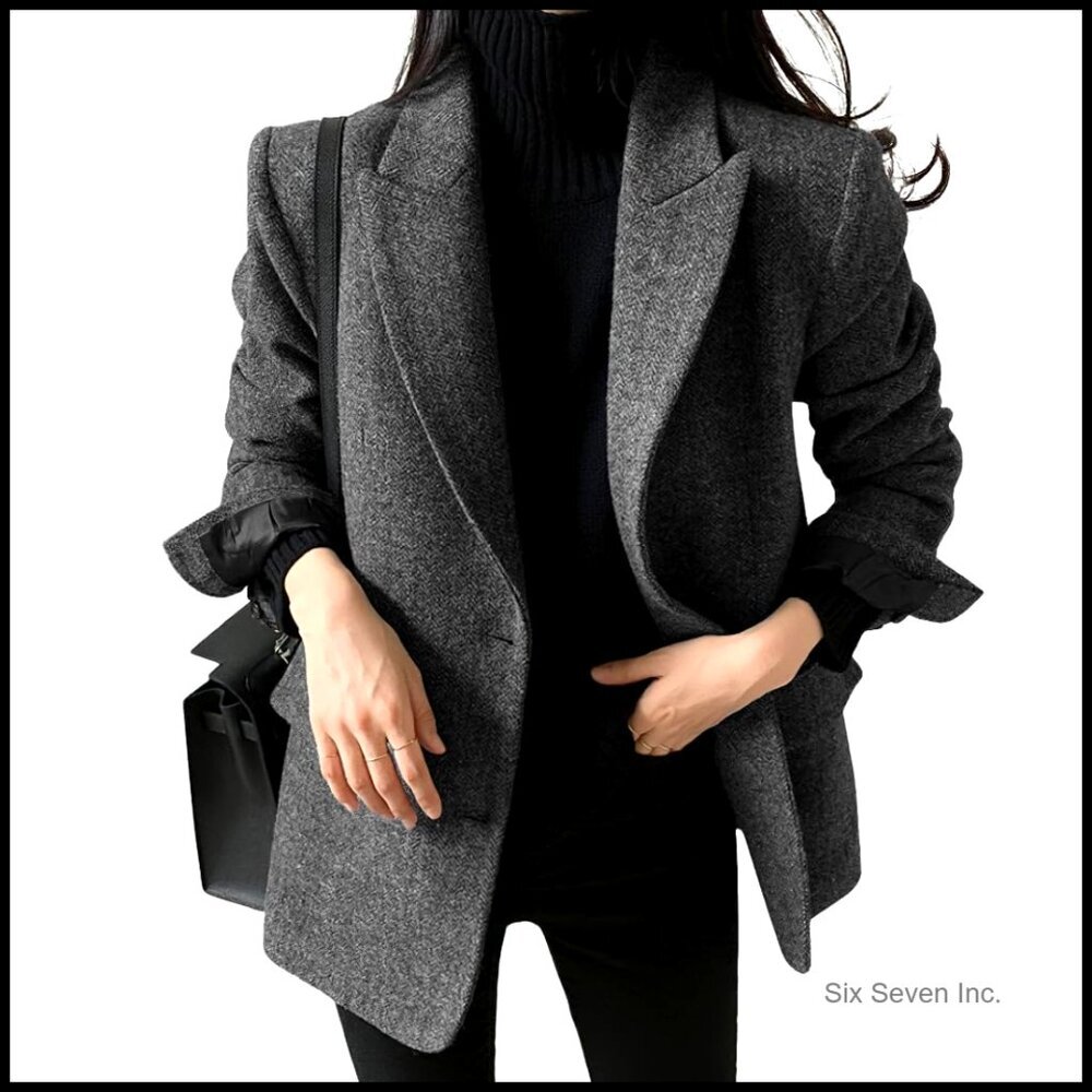 Wool Blend Blazer Jacket Single Breasted Notch Lapel Work Coat